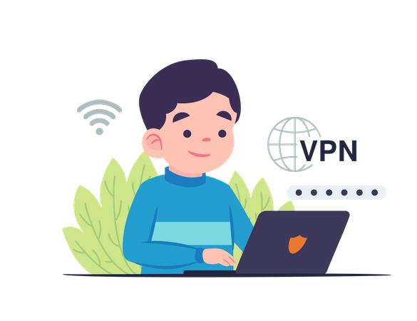 Hombre usando VPN para computadora  Ilustración