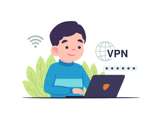 Hombre usando VPN para computadora  Ilustración