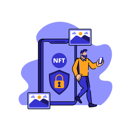 El hombre usa NFT Business Security  Ilustración