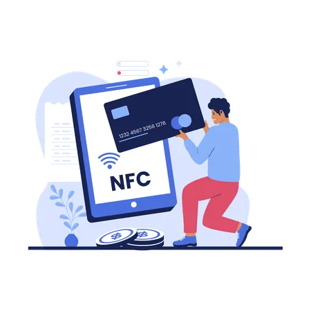 El hombre utiliza la tecnología NFC  Ilustración