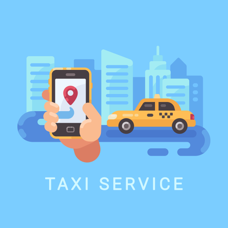 Hombre que utiliza la aplicación de servicio de reserva de taxi en línea en un teléfono inteligente  Ilustración