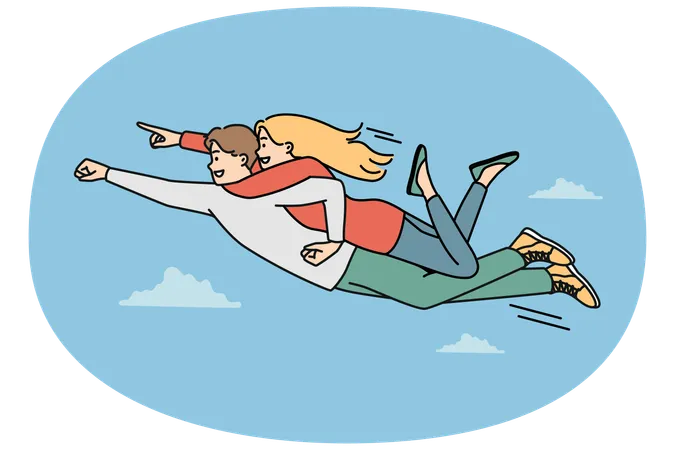 Hombre valiente sonriente como superhéroe con una mujer en la espalda volando en el aire  Ilustración