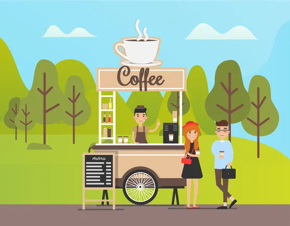 Hombre vendiendo café en el puesto de café  Ilustración