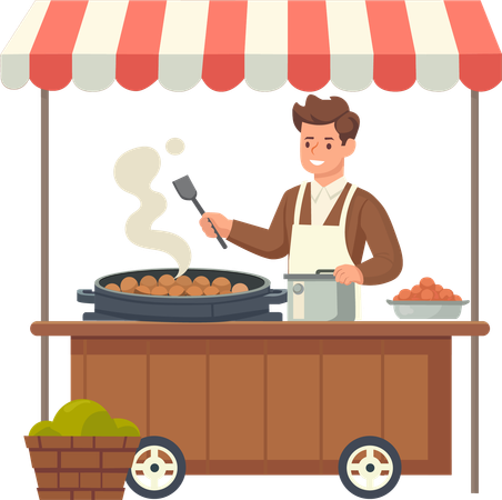 Hombre vendiendo comida en un carrito de comida  Ilustración