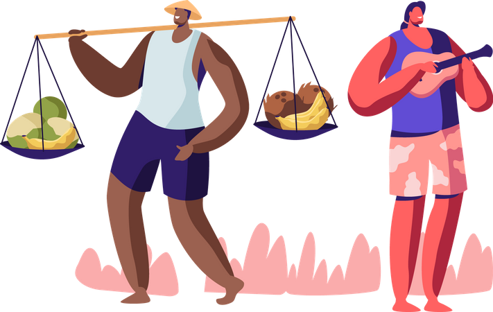 Hombre vendiendo frutas en la playa  Ilustración