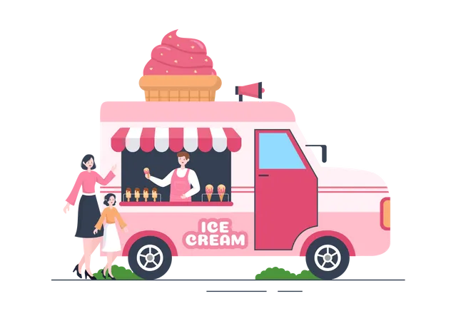 Hombre vendiendo helados en camión callejero  Ilustración