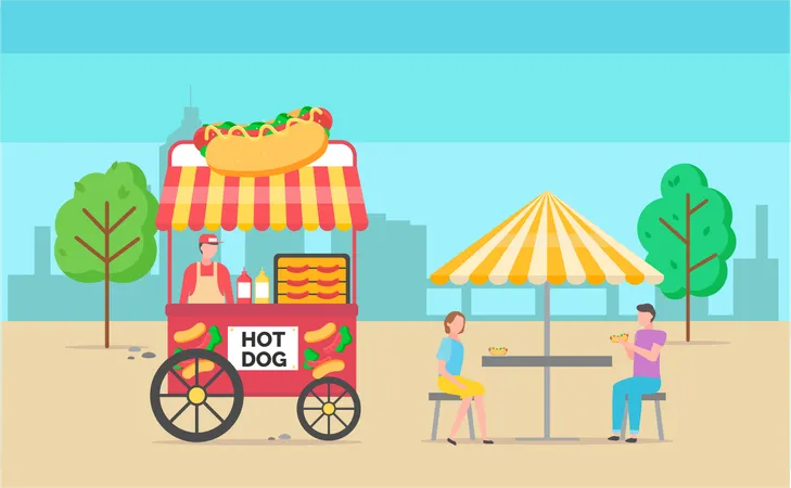 Hombre vendiendo hot dog en el parque  Ilustración