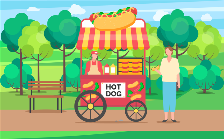 Hombre vendiendo hot dog en el parque  Ilustración