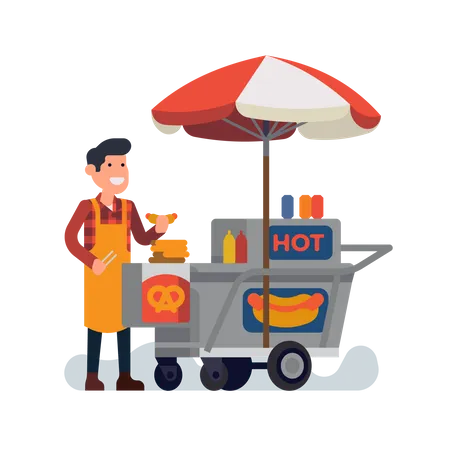 Hombre vendiendo hot dog en carrito de comida callejera  Ilustración