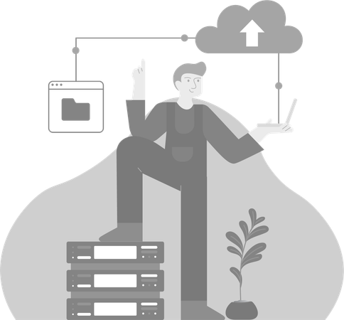 Hombre revisando archivos en la nube  Ilustración