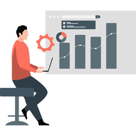 Hombre comprobando el crecimiento de un gráfico en una página web  Ilustración