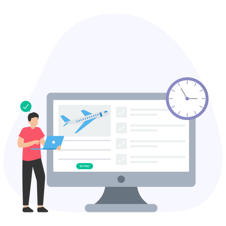 Hombre consultando en línea el horario de un avión  Ilustración