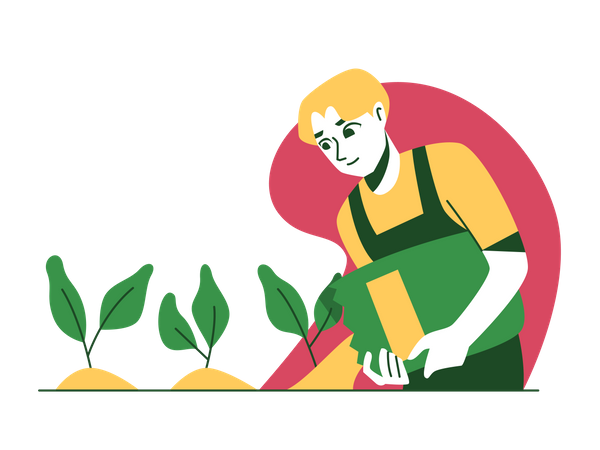 Hombre vertiendo fertilizante para plantas  Ilustración