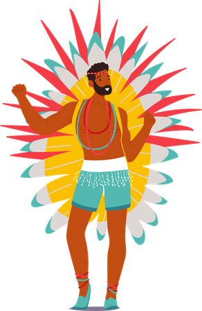 Hombre vestido con traje de fiesta con plumas bailando en el carnaval de Río de Janeiro  Ilustración