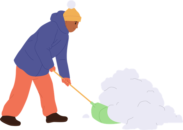 Hombre vestido con ropa cálida limpiando la calle de la nieve con una pala  Ilustración