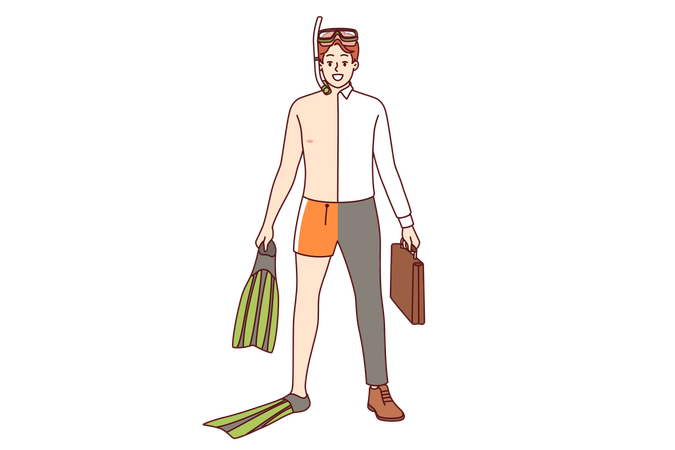 Hombre vestido con ropa de vacaciones y traje de negocios al mismo tiempo soñando con un rápido viaje por mar en verano  Ilustración