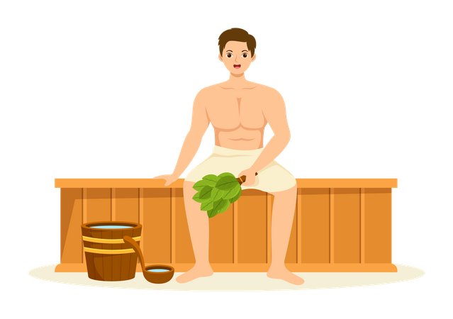 Hombre vestido con toalla de baño con vapor caliente en el baño de sauna  Ilustración
