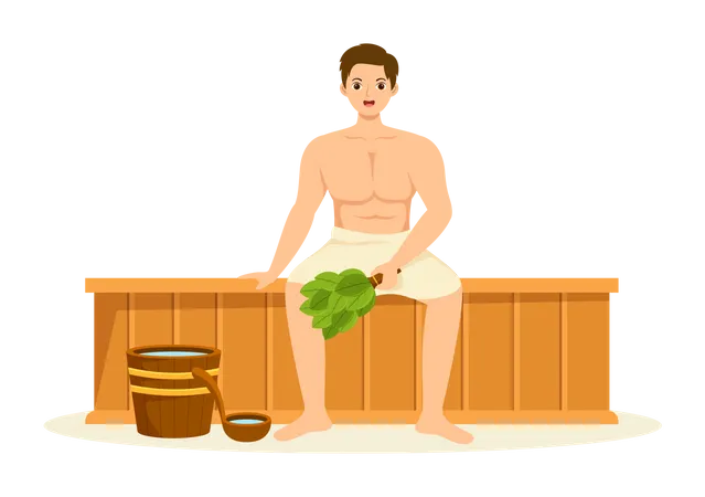 Hombre vestido con toalla de baño con vapor caliente en el baño de sauna  Ilustración