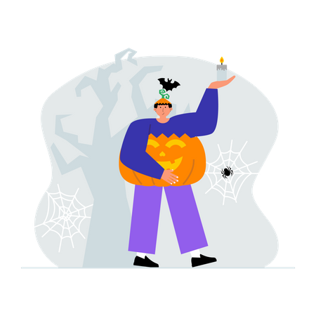 Hombre vestido de calabaza para halloween  Ilustración