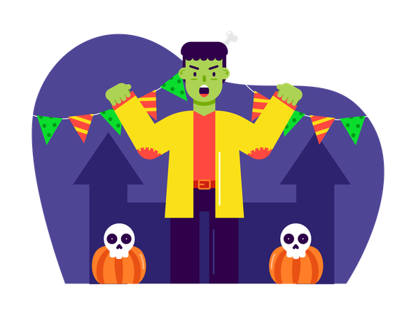 Hombre vestido de Frankenstein para fiesta de disfraces de Halloween  Ilustración