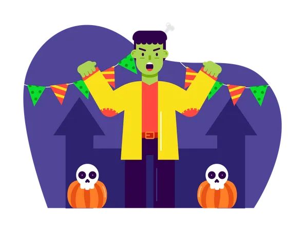 Hombre vestido de Frankenstein para fiesta de disfraces de Halloween  Ilustración