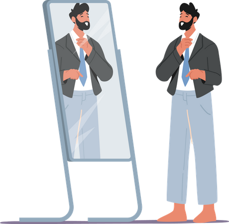 Hombre vistiendo traje formal en el espejo  Ilustración