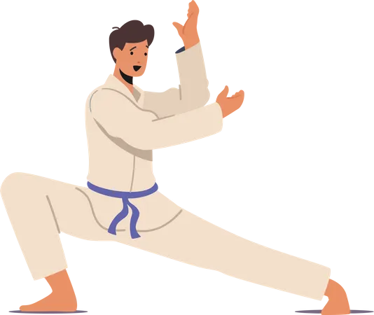 Hombre vestido con kimono haciendo karate  Ilustración