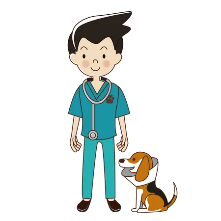 Hombre veterinario con ser un perro beagle en collar  Ilustración
