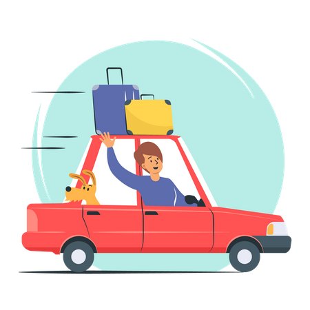 El hombre viaja en coche por la carretera con equipaje  Ilustración