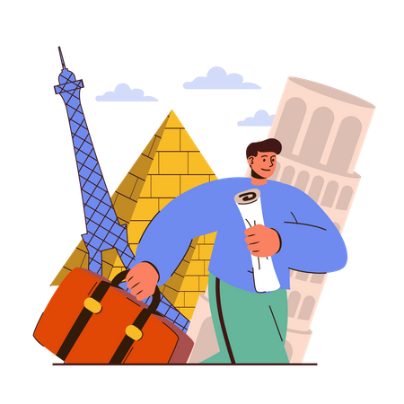 Hombre viajando a la torre eiffel  Ilustración