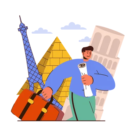 Hombre viajando a la torre eiffel  Ilustración