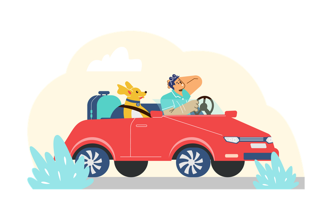 Hombre viajando con mascota en coche  Ilustración