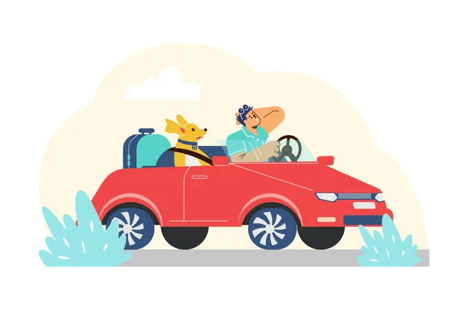 Hombre viajando con mascota en coche  Ilustración