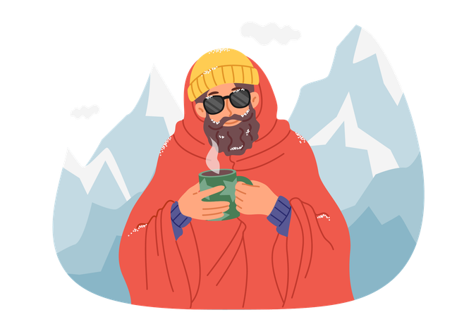 Un hombre viajero bebe café caliente entre montañas cubiertas de nieve después de subir a la cima  Ilustración