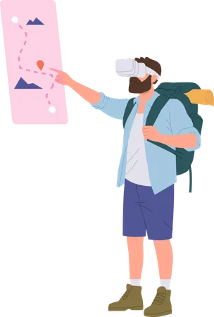 Hombre viajero con gafas vr disfrutando de un viaje en realidad aumentada  Ilustración