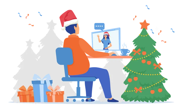 Hombre llamando por video a su novia en una computadora en casa el día de Navidad  Ilustración