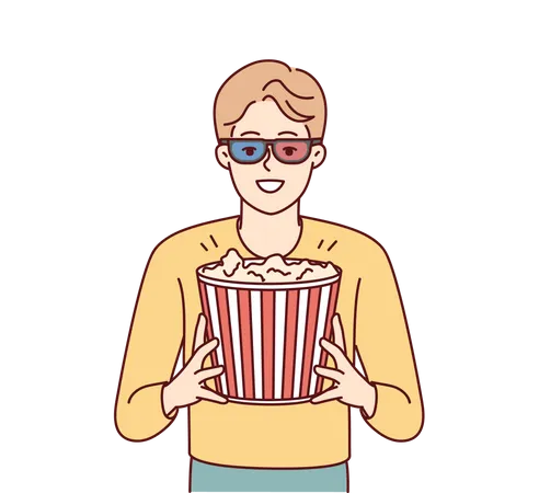Hombre viendo una película en 3D con palomitas de maíz  Ilustración