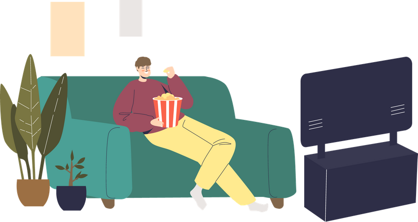 Hombre viendo una película de comedia en casa  Ilustración