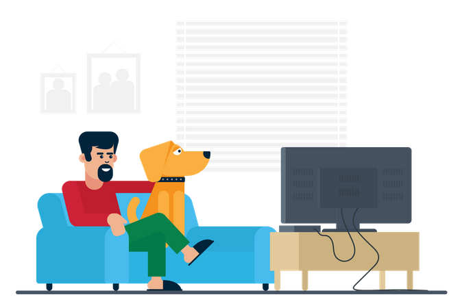 Hombre viendo televisión con perro  Ilustración
