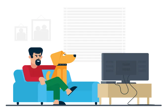 Hombre viendo televisión con perro  Ilustración