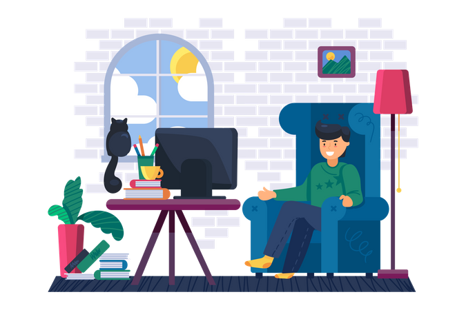 Hombre viendo una película en la televisión en el salón  Ilustración