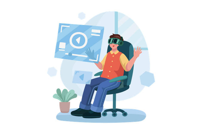 Hombre viendo videos usando tecnología VR  Ilustración