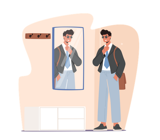 Hombre mirando en el espejo mientras va a trabajar  Ilustración