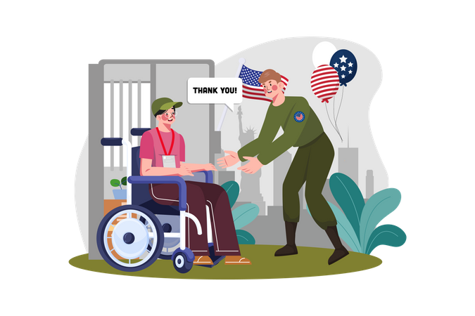 Hombre visita a un veterano en silla de ruedas  Ilustración