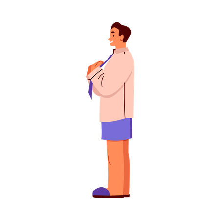 Un hombre se viste y se ata una corbata en casa  Ilustración