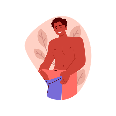 Hombre vistiéndose y probándose pantalones  Ilustración