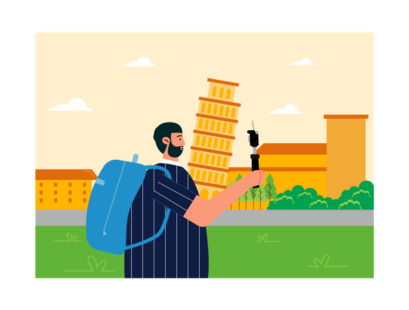 Hombre haciendo vlogging en la Torre Inclinada de Pisa  Ilustración