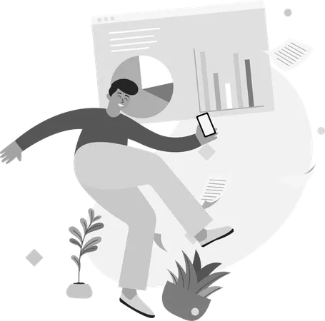 Hombre volador analizando gráficos  Ilustración