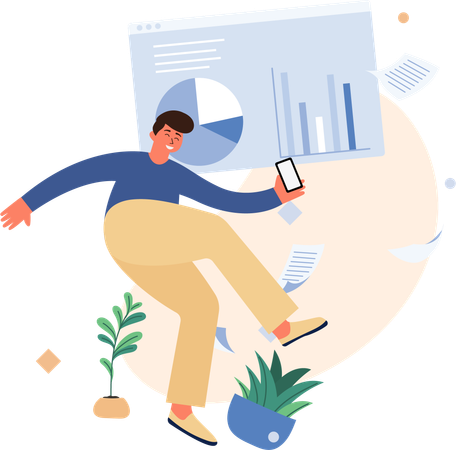 Hombre volador analizando gráficos  Ilustración