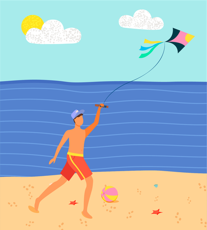 Hombre volando cometas en la playa  Ilustración